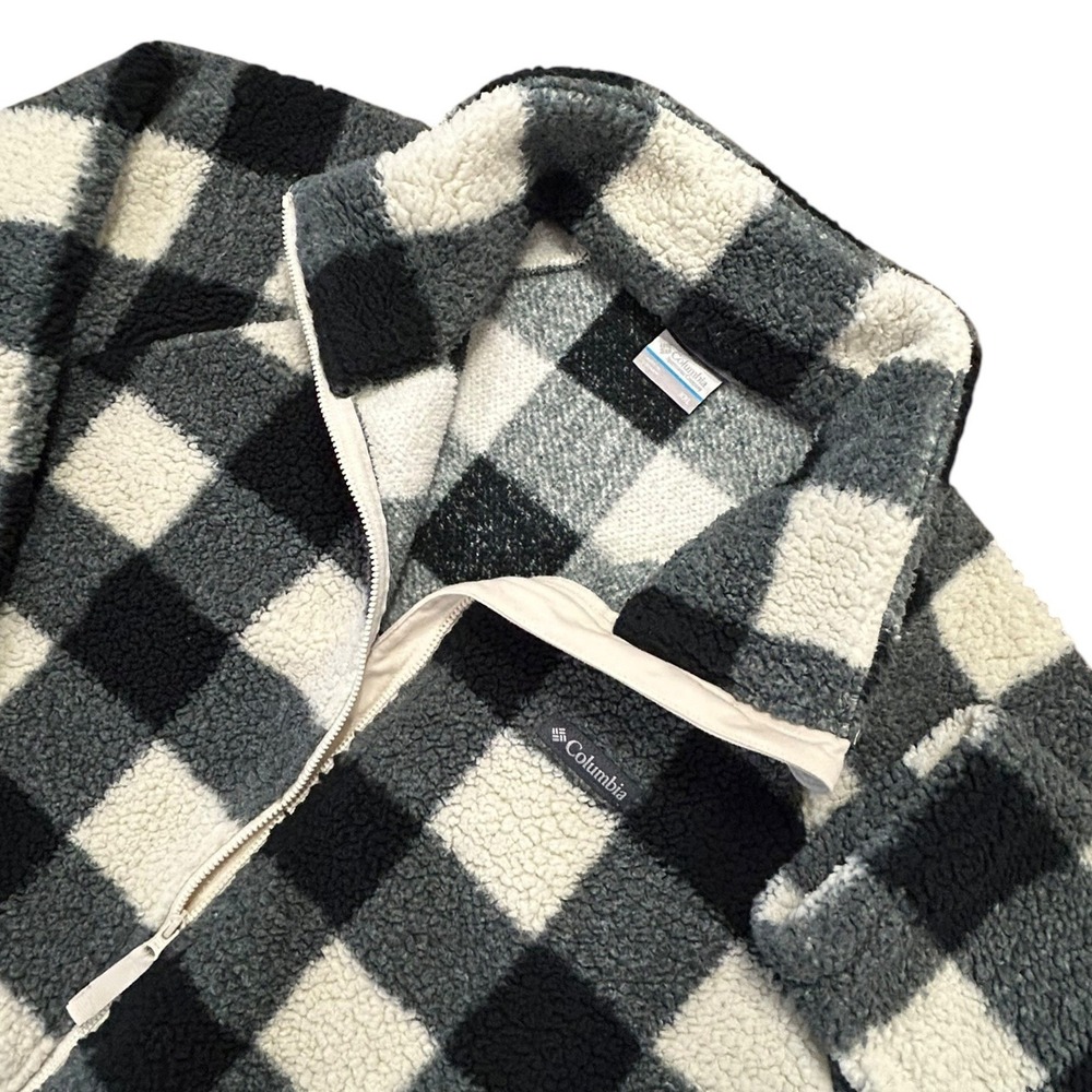 Columbia Buffalo Plaid Sherpa Fleece Full Zip Jacket Cozy Black Gray White XXL
